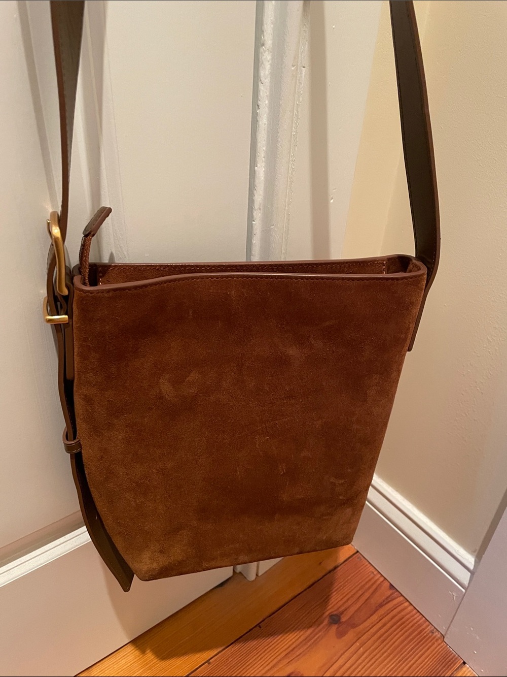 Quince Italian Suede Crossbody Bucket Bag in Whiskey Brown